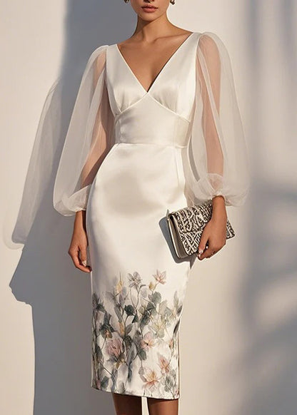 French White V Neck Tulle Patchwork Silk Dresses Lantern Sleeve