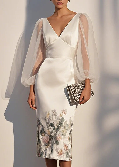 French White V Neck Tulle Patchwork Silk Dresses Lantern Sleeve