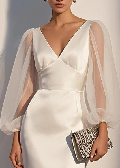 French White V Neck Tulle Patchwork Silk Dresses Lantern Sleeve