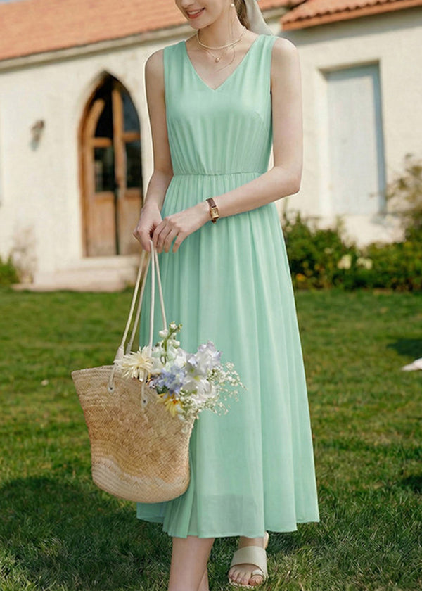 French White V Neck Wrinkled Patchwork Chiffon Long Dress Sleeveless