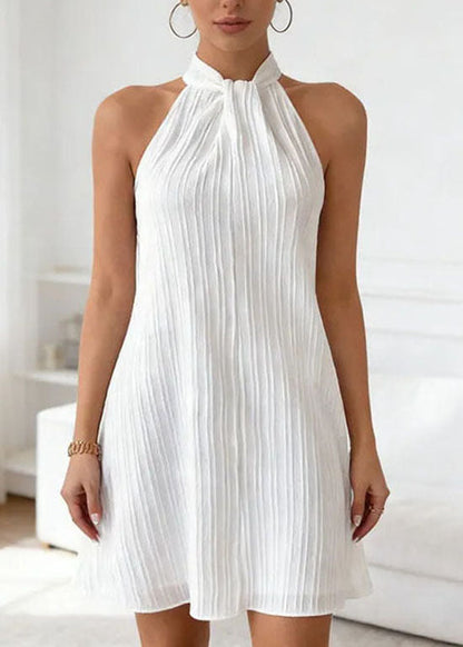 French White Wrinkled Cotton Mini Dress Sleeveless