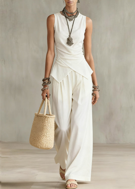 French White Wrinkled Solid Tops And Wide Leg Pants Cotton Two Pieces Set Sleeveless