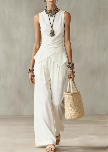 French White Wrinkled Solid Tops And Wide Leg Pants Cotton Two Pieces Set Sleeveless