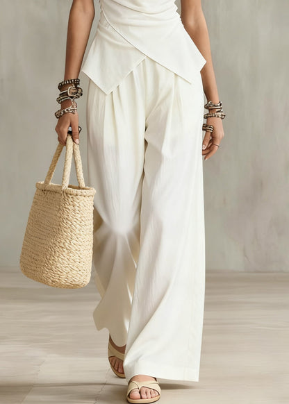 French White Wrinkled Solid Tops And Wide Leg Pants Cotton Two Pieces Set Sleeveless