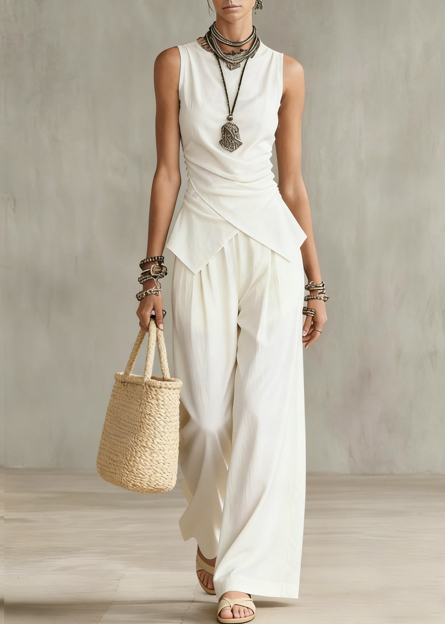 French White Wrinkled Solid Tops And Wide Leg Pants Cotton Two Pieces Set Sleeveless