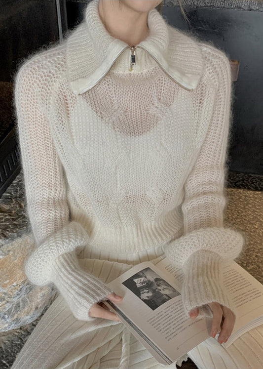 French White Zip Up Hollow Out Patchwork Knit Pullover Fall