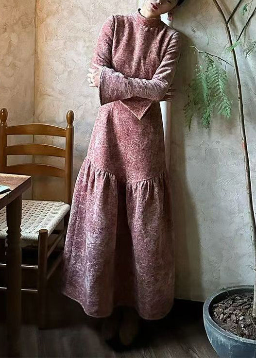 French Wrinkled Patchwork Cotton Long Dress Flare Sleeve