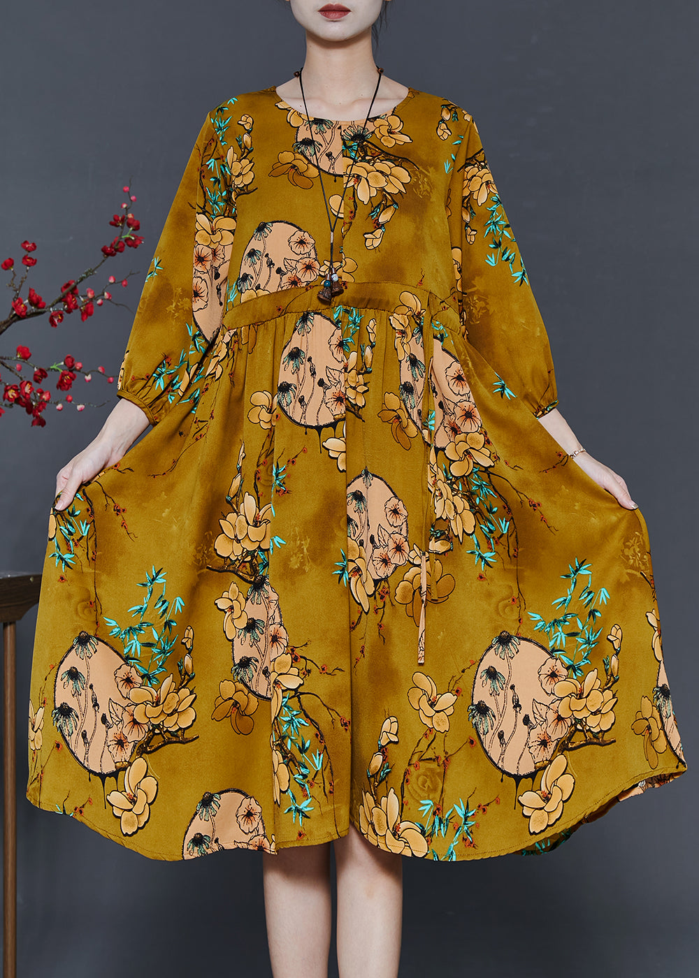French Yellow Cinched Print Chiffon Dresses Summer