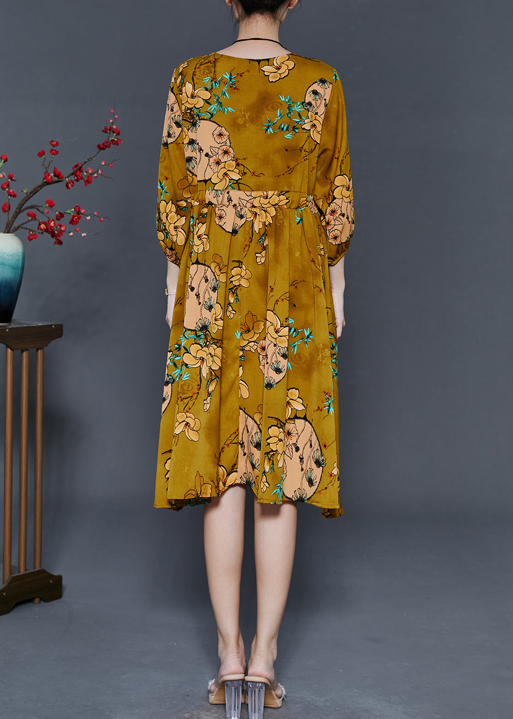French Yellow Cinched Print Chiffon Dresses Summer