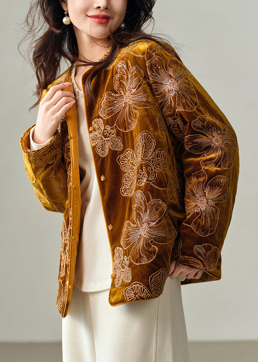 French Yellow Embroidered Fine Cotton Filled Silk Velvet Jacket Winter
