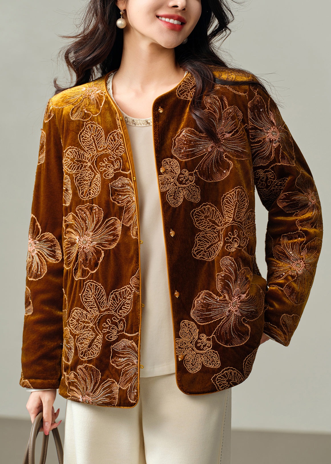 French Yellow Embroidered Fine Cotton Filled Silk Velvet Jacket Winter