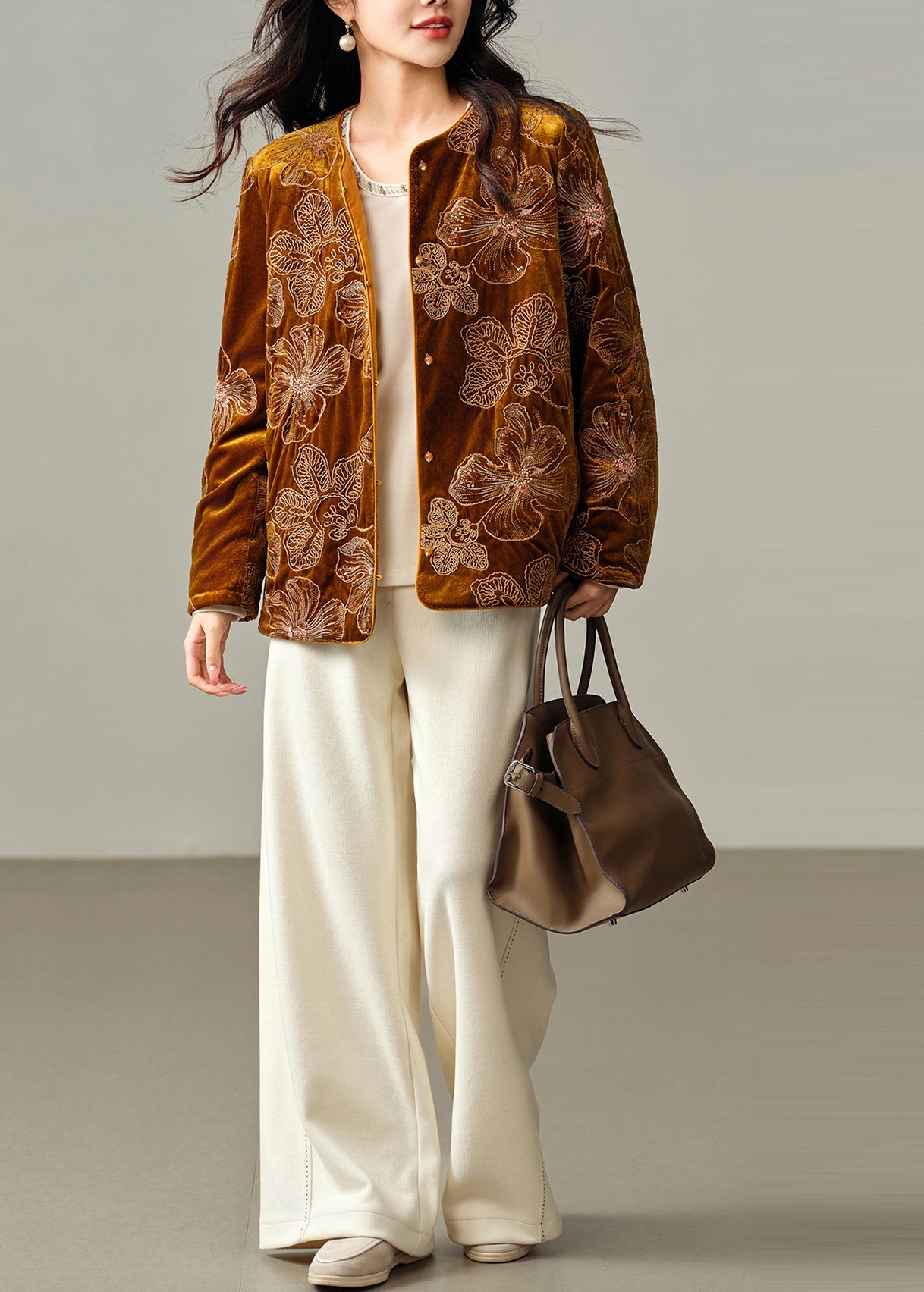 French Yellow Embroidered Fine Cotton Filled Silk Velvet Jacket Winter