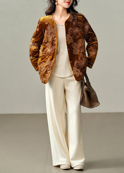 French Yellow Embroidered Fine Cotton Filled Silk Velvet Jacket Winter