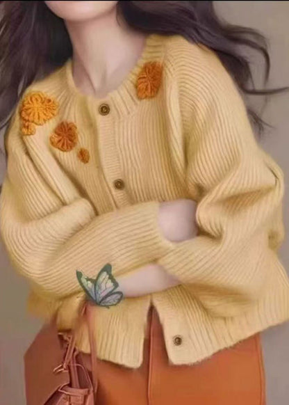 French Yellow Floral Decorated Thick Knit Cardigan Winter