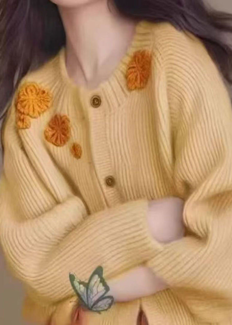French Yellow Floral Decorated Thick Knit Cardigan Winter