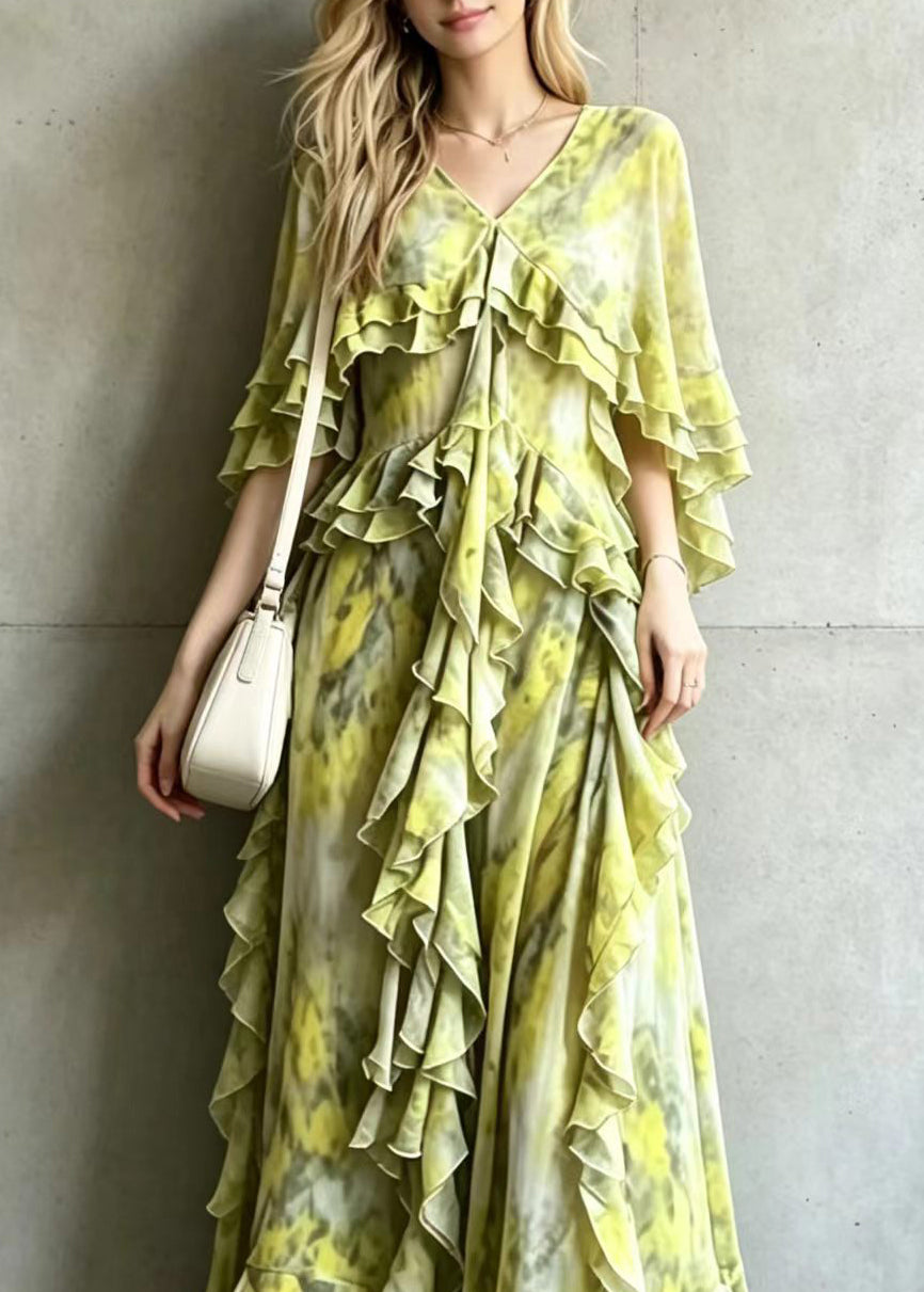 French Yellow Green V Neck Ruffled Maxi Dress Summer
