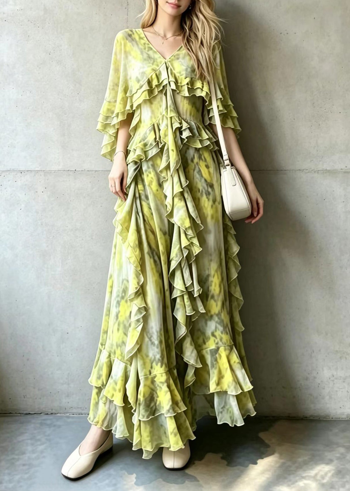 French Yellow Green V Neck Ruffled Maxi Dress Summer