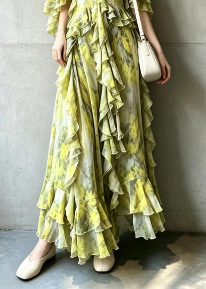 French Yellow Green V Neck Ruffled Maxi Dress Summer