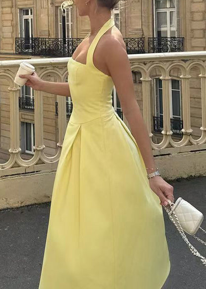 French Yellow Halter Backless Cotton Dresses Summer