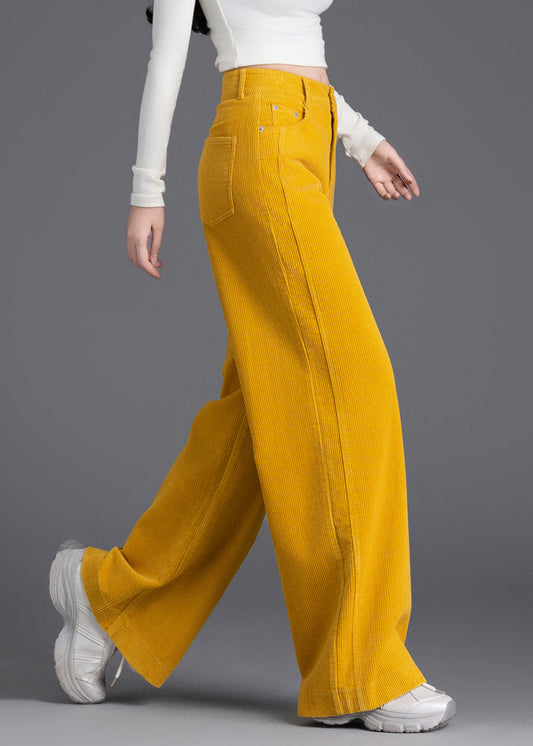 French Yellow High Waist Corduroy Straight Pants Spring
