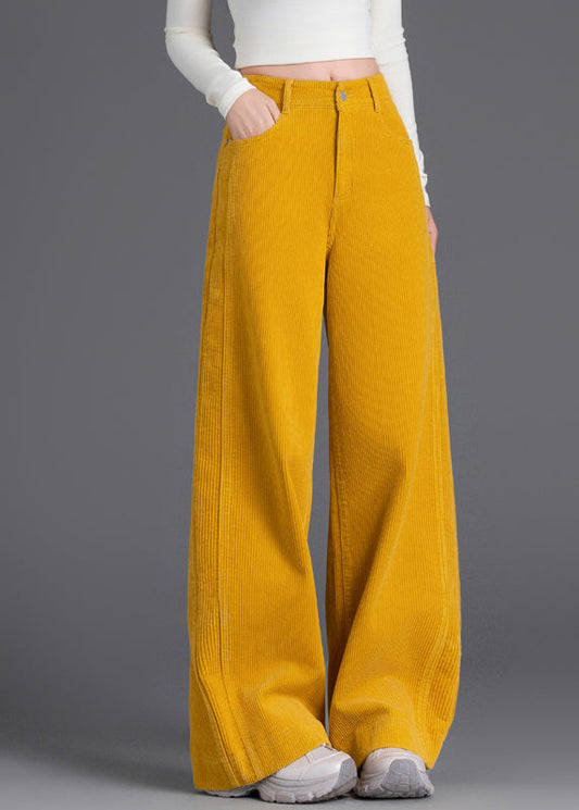 French Yellow High Waist Corduroy Straight Pants Spring