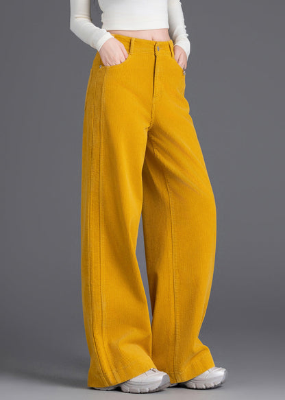 French Yellow High Waist Corduroy Straight Pants Spring