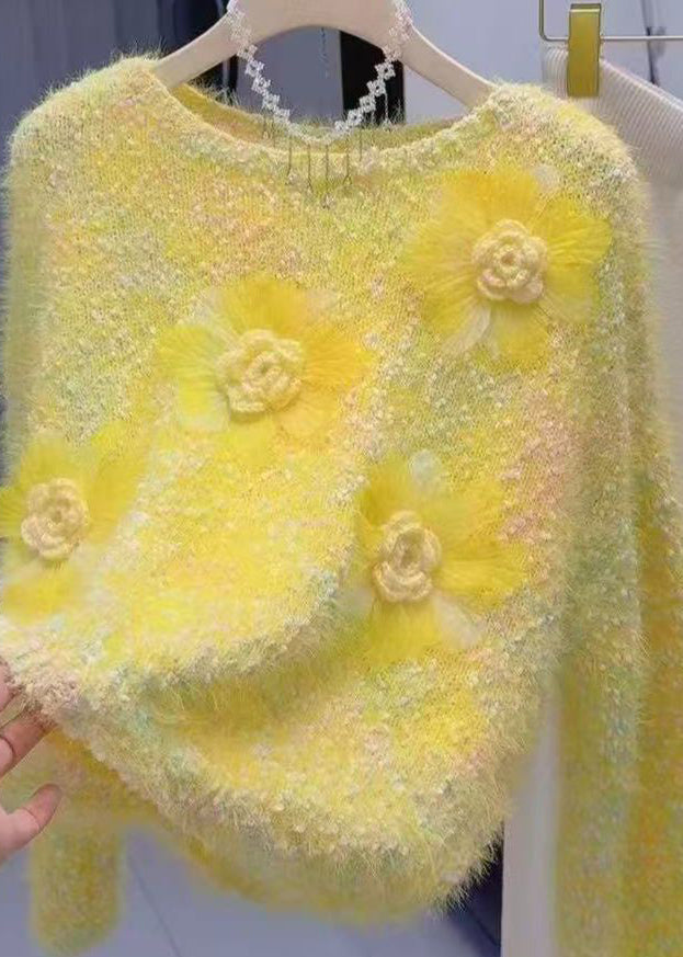 French Yellow O-Neck Floral Warm Knit Sweater Winter