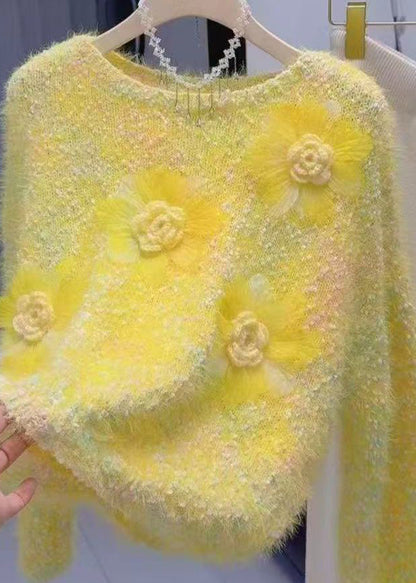 French Yellow O-Neck Floral Warm Knit Sweater Winter