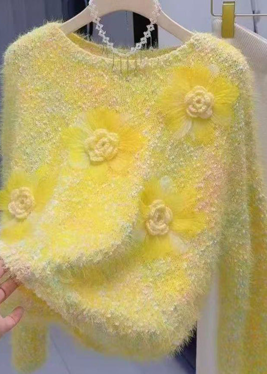 French Yellow O-Neck Floral Warm Knit Sweater Winter