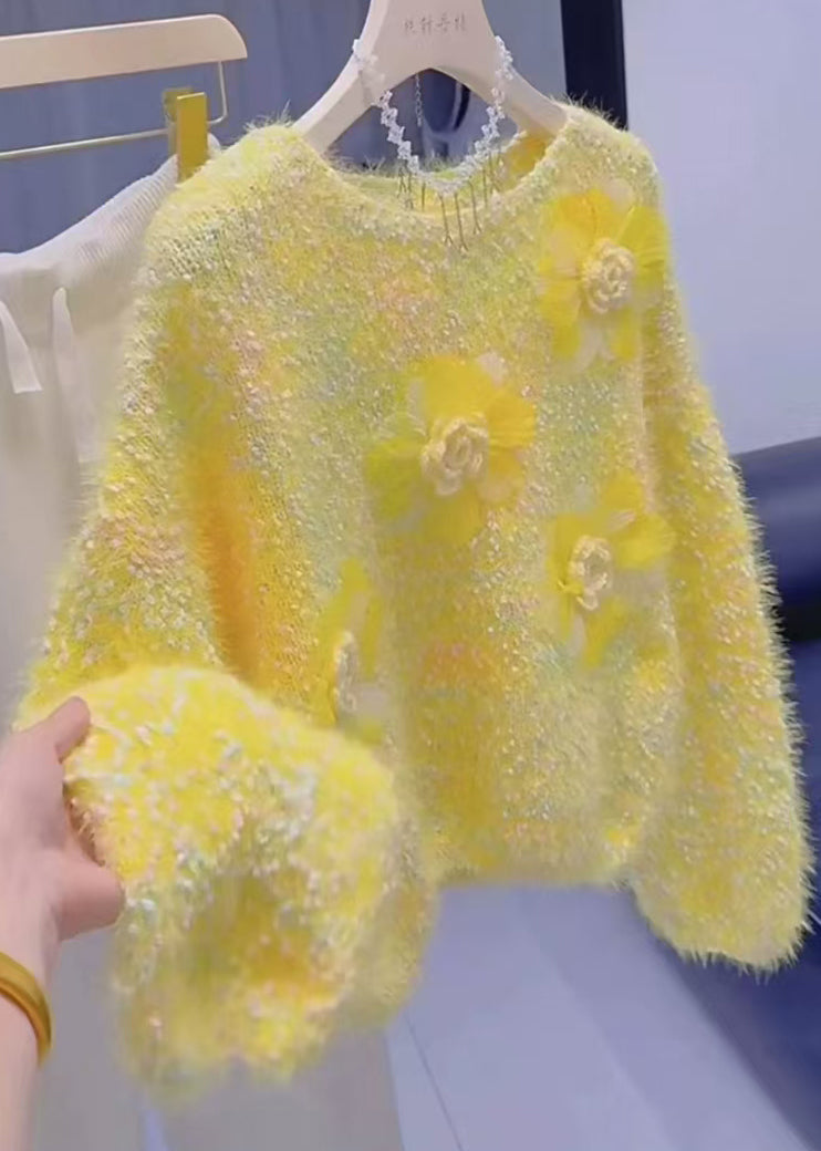 French Yellow O-Neck Floral Warm Knit Sweater Winter