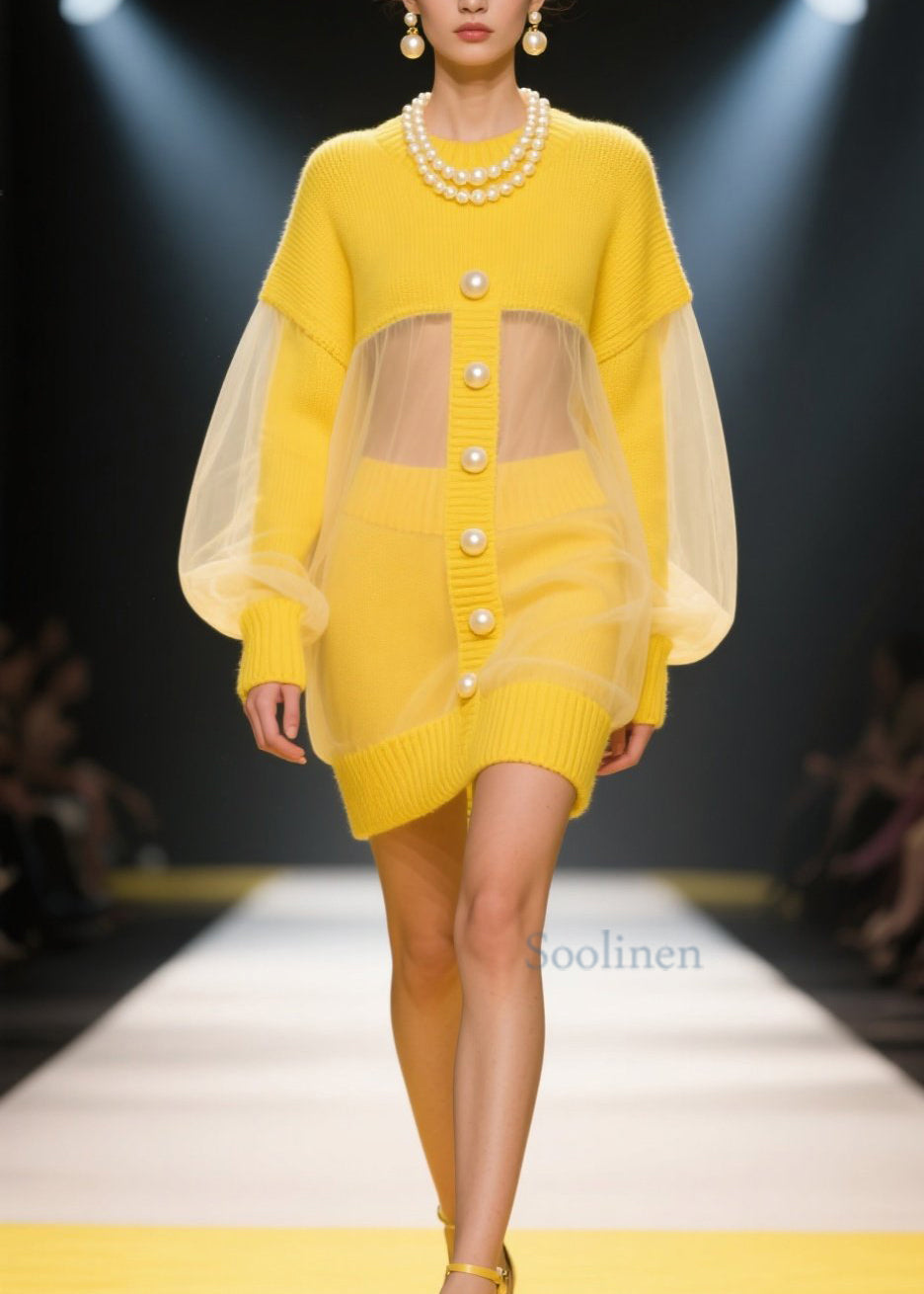 French Yellow O Neck Tulle Patchwork Knit Dress Fall