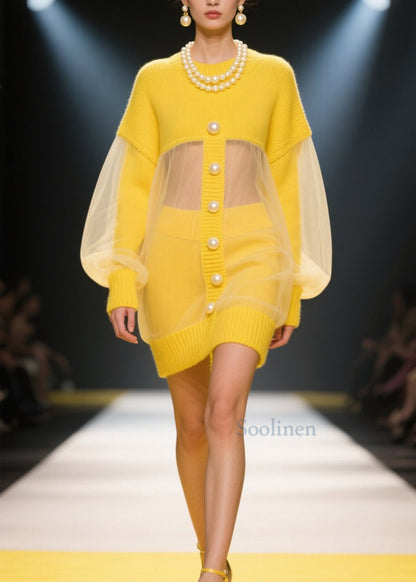 French Yellow O Neck Tulle Patchwork Knit Dress Fall