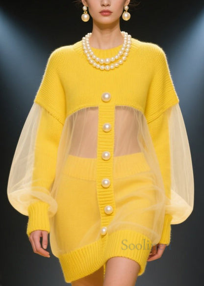 French Yellow O Neck Tulle Patchwork Knit Dress Fall