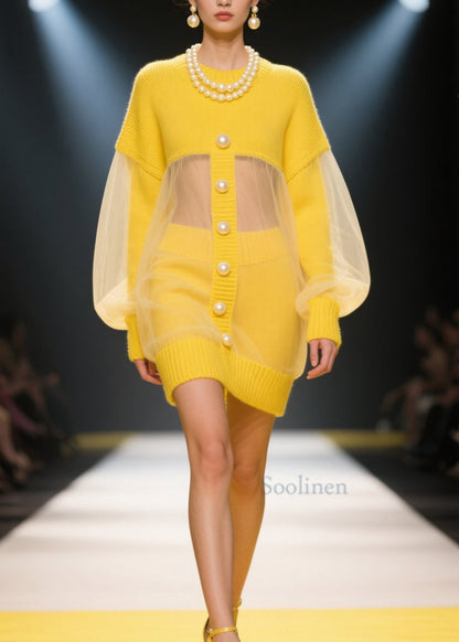 French Yellow O Neck Tulle Patchwork Knit Dress Fall