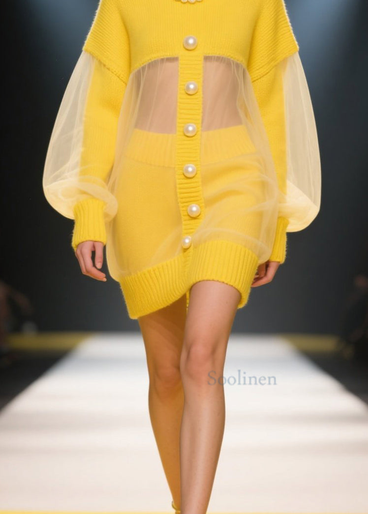 French Yellow O Neck Tulle Patchwork Knit Dress Fall