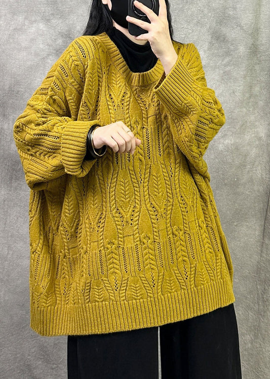 French Yellow Oversized Cable Knit Sweater Winter