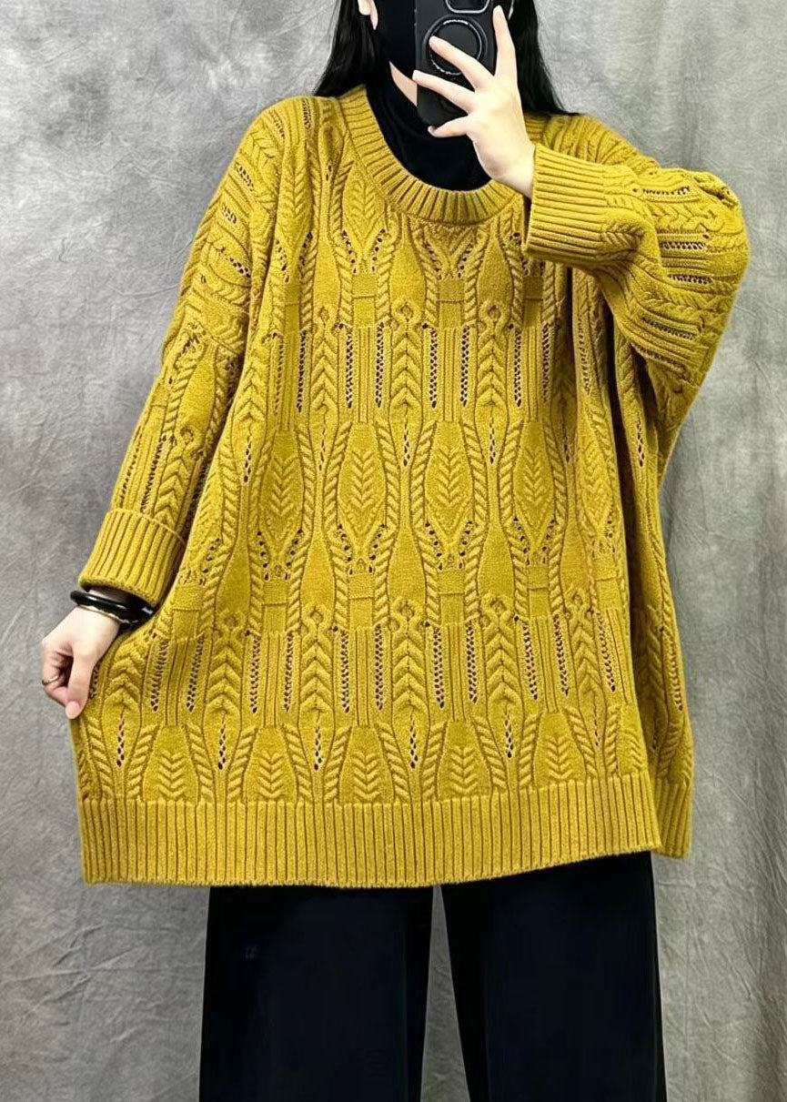 French Yellow Oversized Cable Knit Sweater Winter