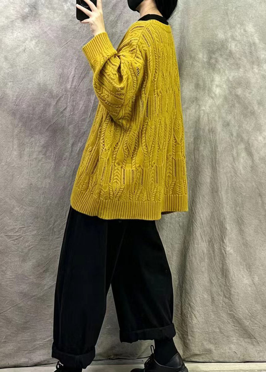 French Yellow Oversized Cable Knit Sweater Winter
