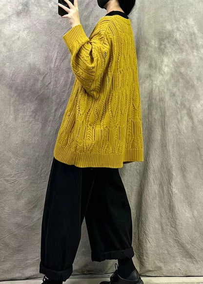 French Yellow Oversized Cable Knit Sweater Winter