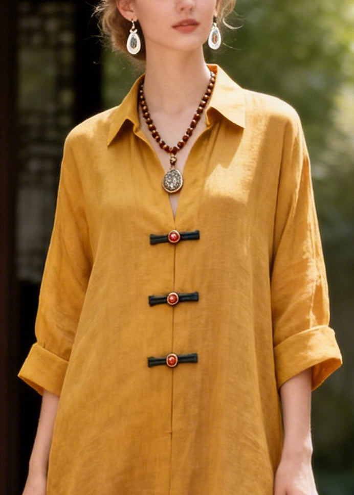 French Yellow Oversized Chinese Button Cotton Long Dress Summer