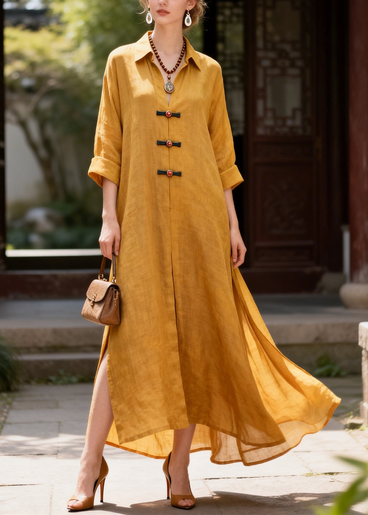 French Yellow Oversized Chinese Button Cotton Long Dress Summer