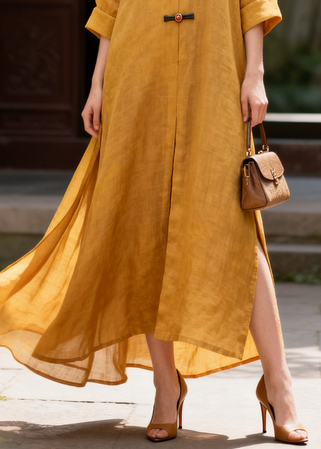 French Yellow Oversized Chinese Button Cotton Long Dress Summer