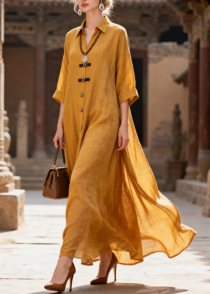 French Yellow Oversized Exra Large Hem Cotton Long Dress Summer