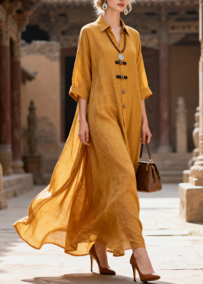 French Yellow Oversized Exra Large Hem Cotton Long Dress Summer
