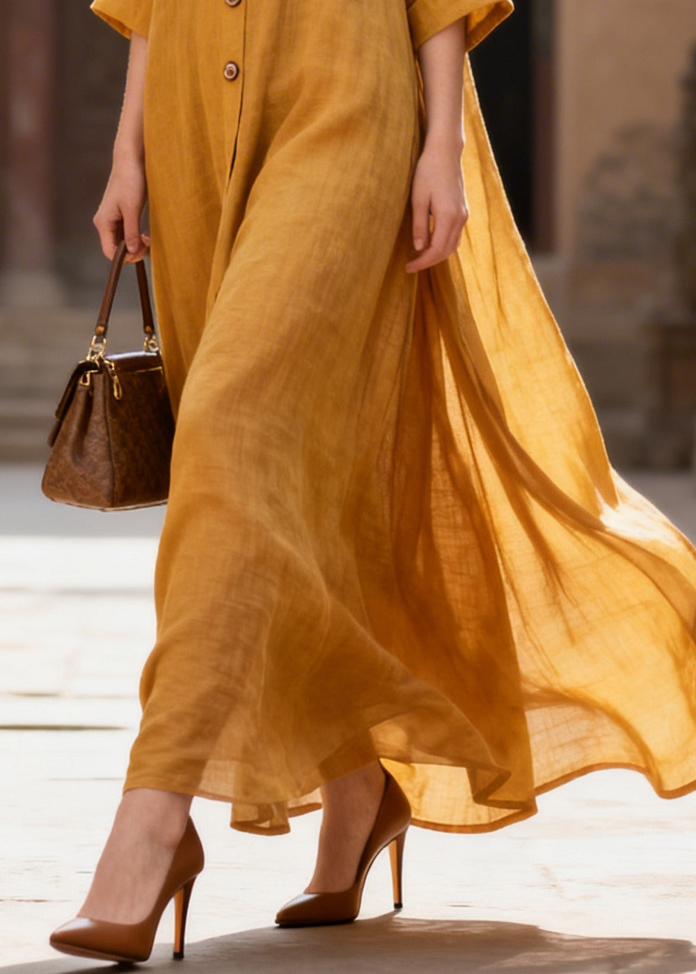 French Yellow Oversized Exra Large Hem Cotton Long Dress Summer