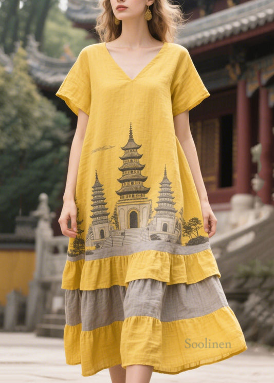 French Yellow Oversized Patchwork Linen Dress Summer