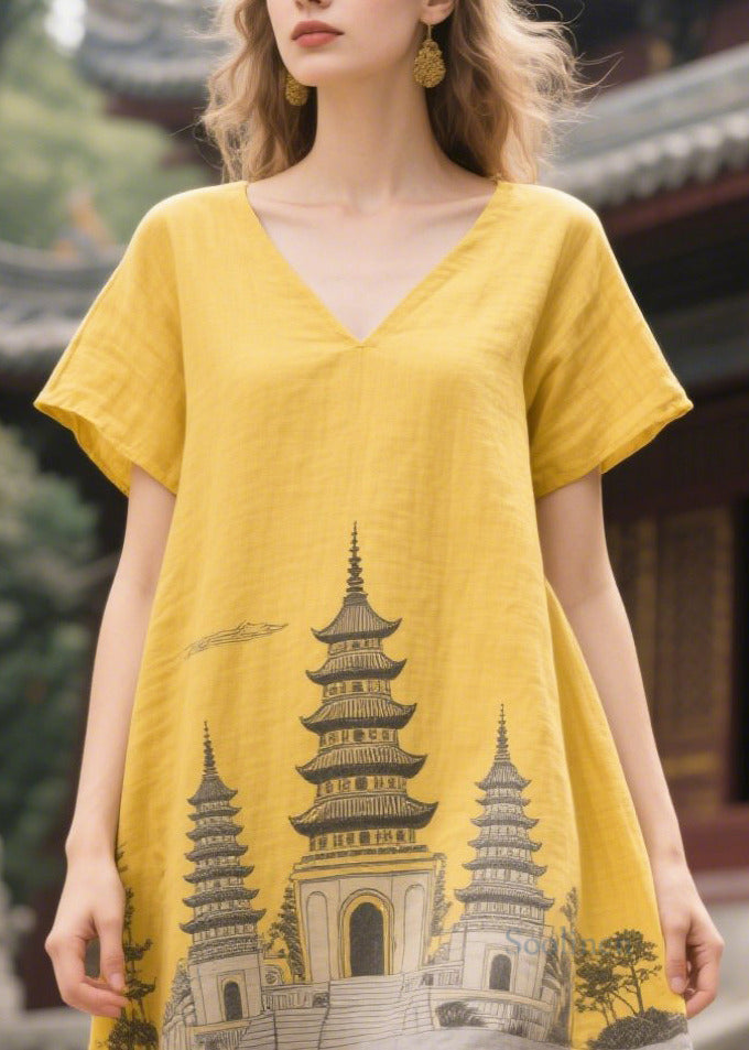 French Yellow Oversized Patchwork Linen Dress Summer