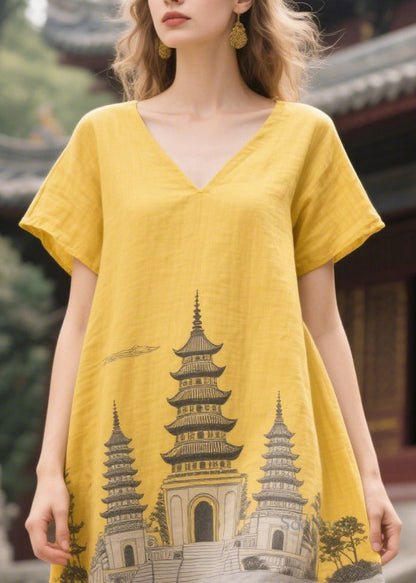 French Yellow Oversized Patchwork Linen Dress Summer