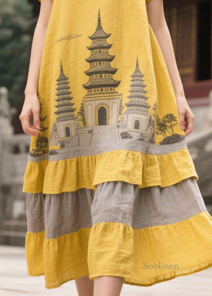 French Yellow Oversized Patchwork Linen Dress Summer