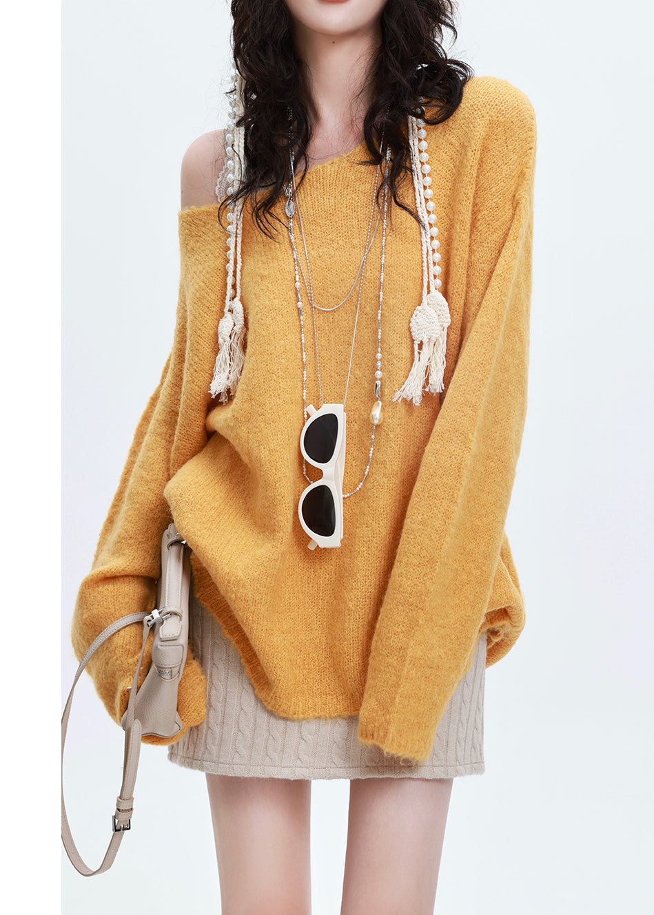 French Yellow Oversized Warm Knit Sweater Tops Winter
